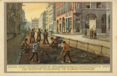 603218 Afbeelding van het aanbrengen van een stampasfalt bestrating, een product van de N.V. Utrechtsche Asphaltfebriek ...